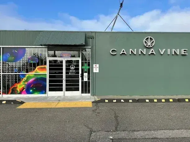 Cannavine dispensary exterior with green wall and colorful mural
